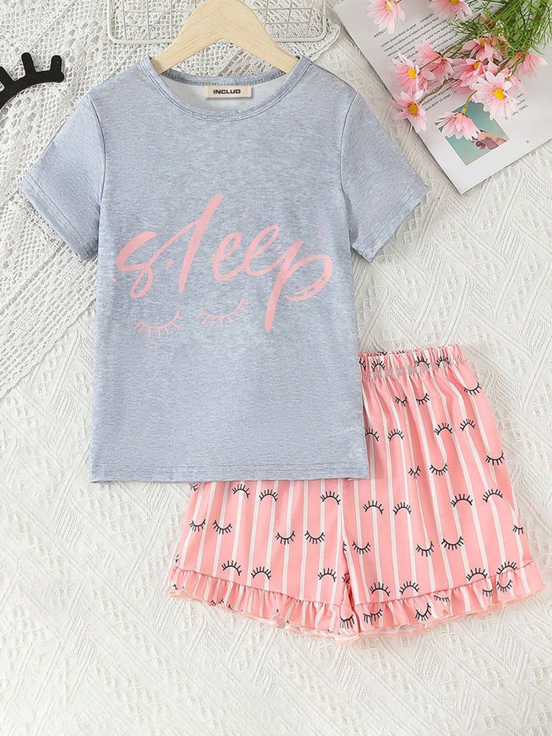 

INCLUD Girls Printed T-shirt with Shorts, Grey