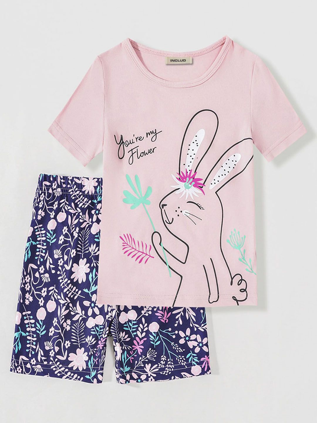 

INCLUD Girls Printed T-shirt with Shorts, Pink