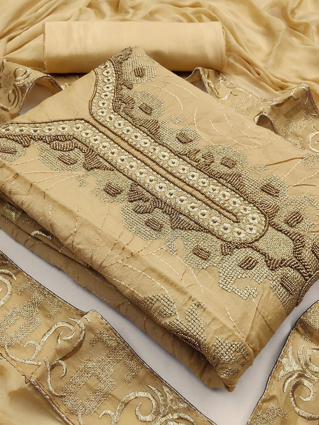 

SAINOOR Embellished Semi-Stitched Dress Material, Beige