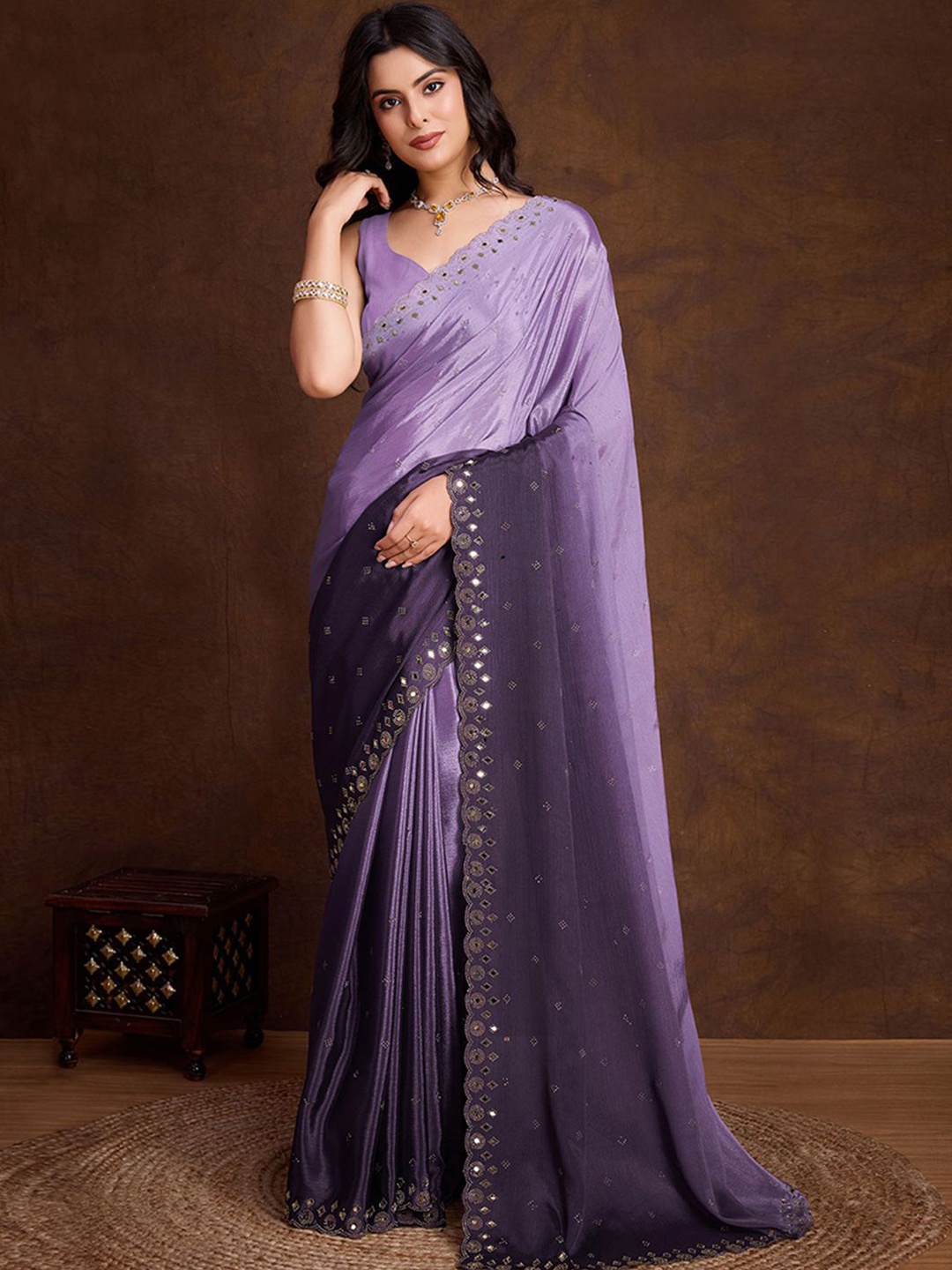 

Peachmode Ombre Beads and Stones Pure Chiffon Saree, Lavender