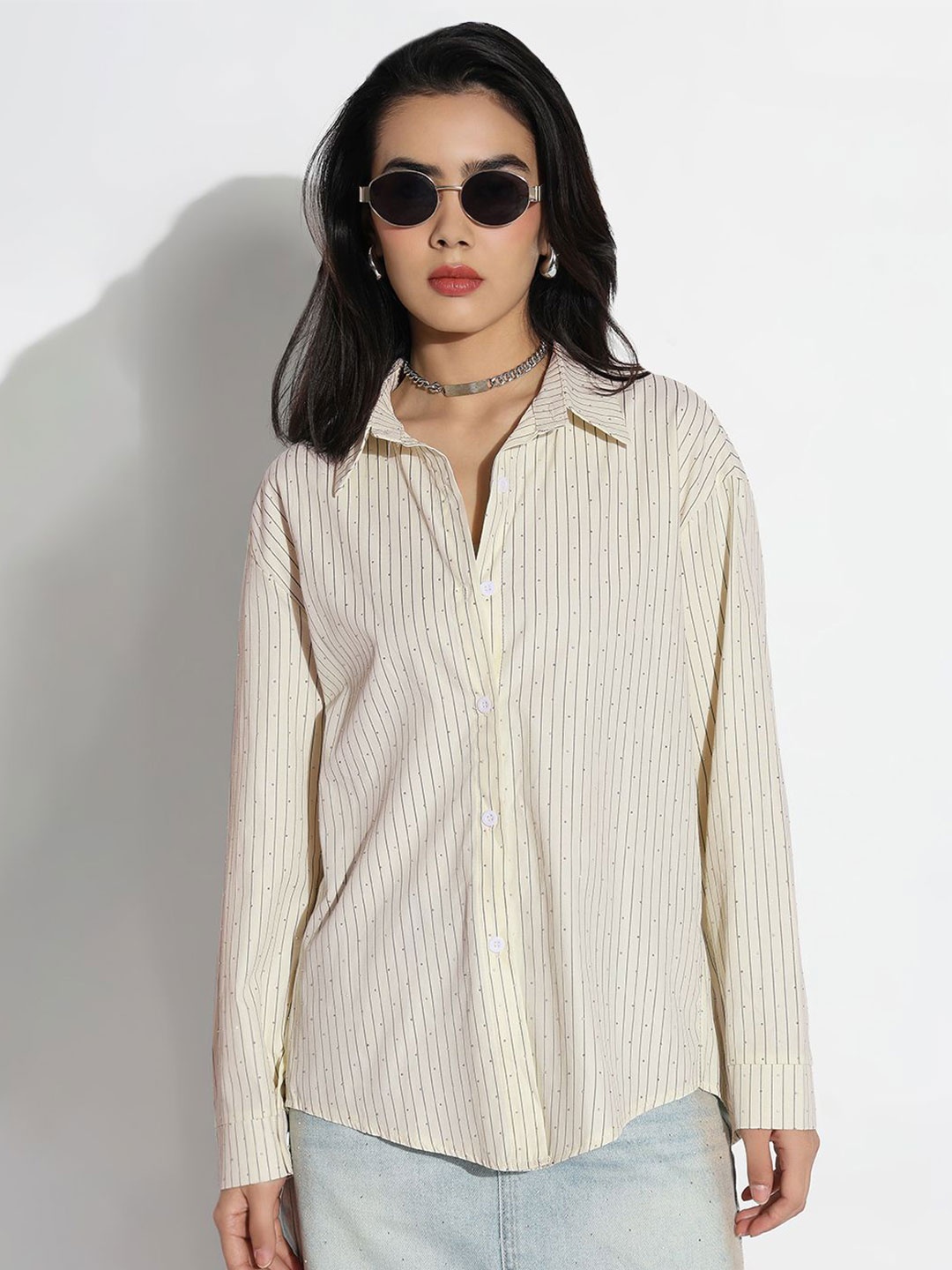 

SHOWOFF Women Comfort Opaque Striped Casual Shirt, Cream