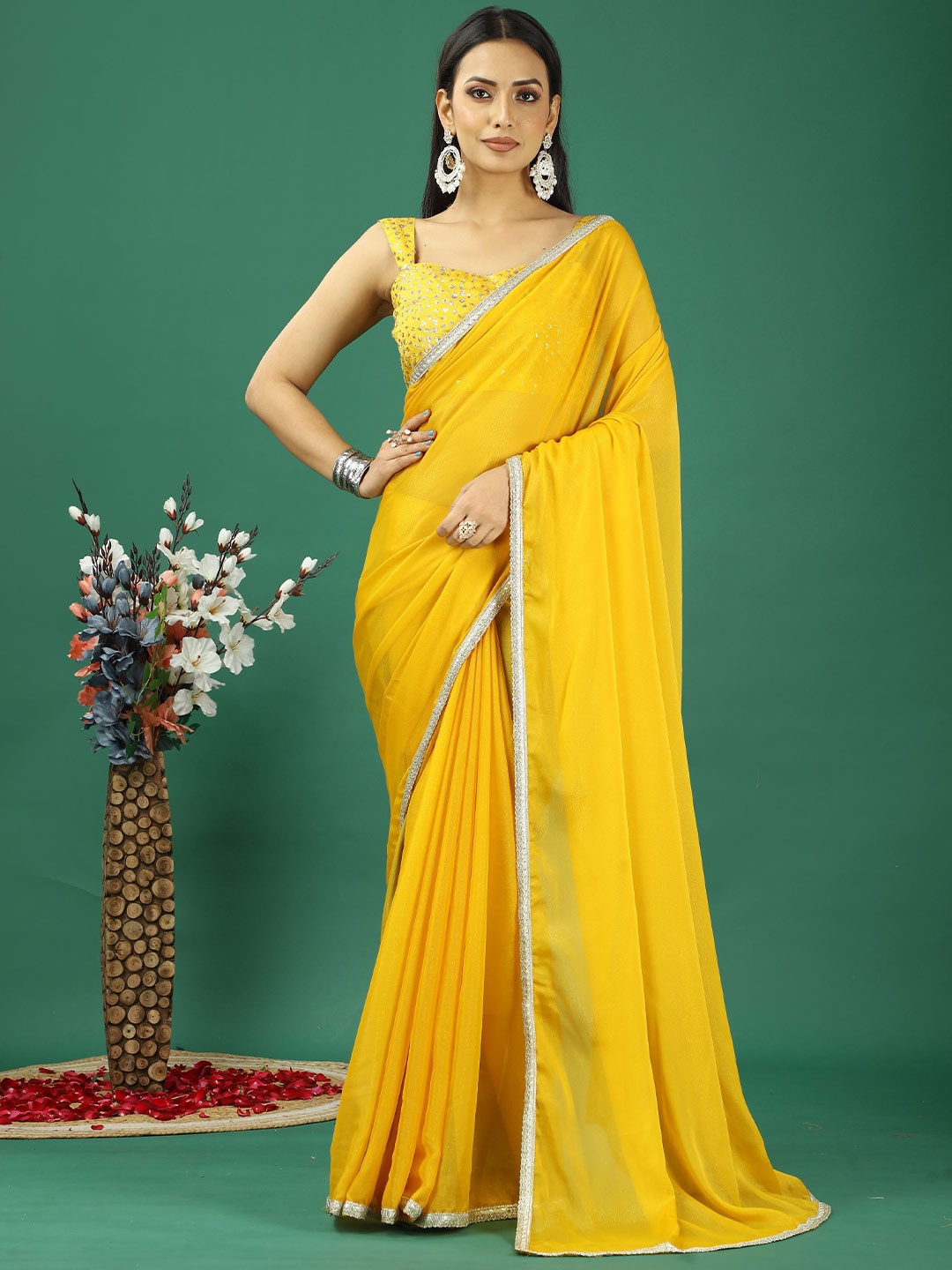 

HERE&NOW Sequinned Satin Banarasi Saree, Yellow