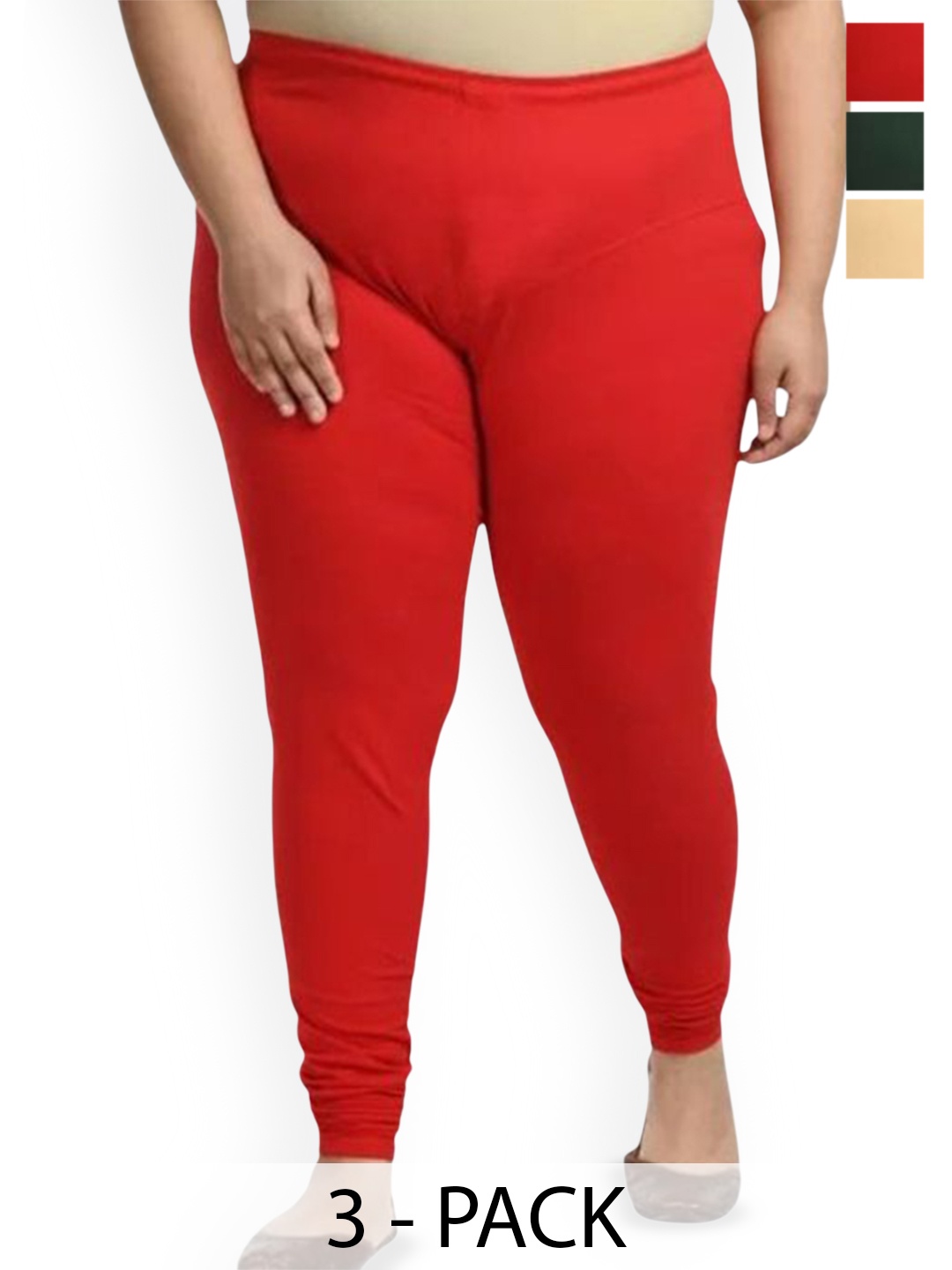 

URBAN KANYA Pack Of 3 Mid-Rise Churidar-Length Leggings, Red