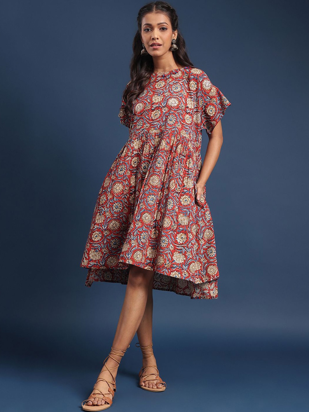 

Taavi Bagru Printed Pure Cotton Fit & Flare Dress, Rust