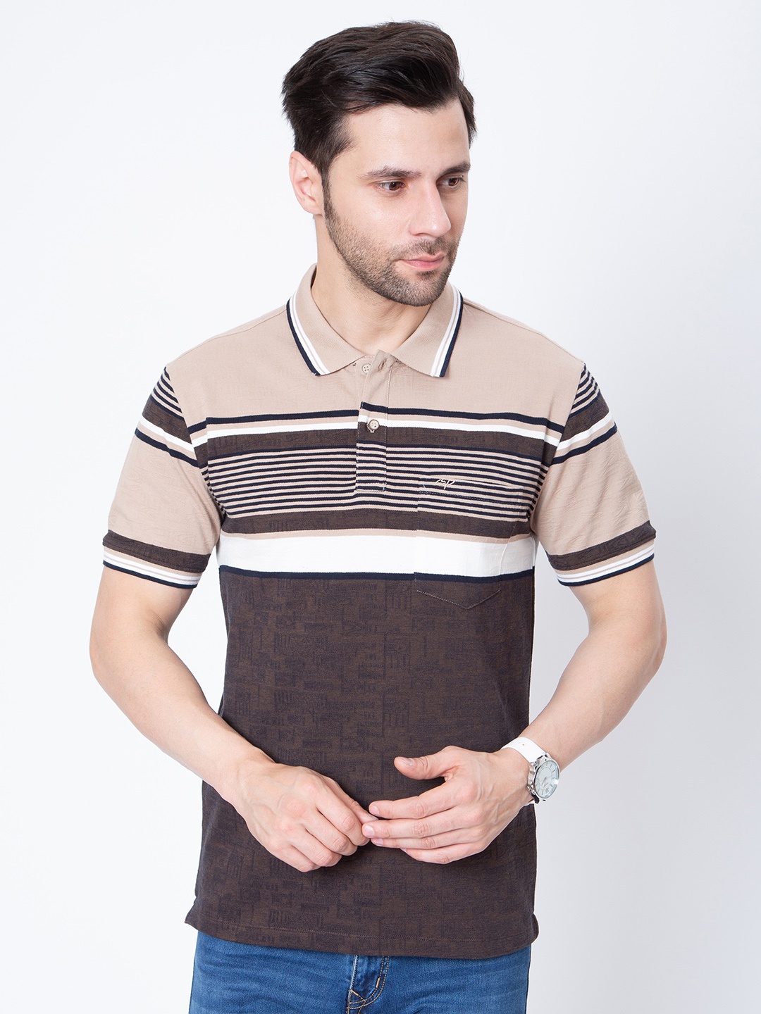 

Sparky Men Striped Polo Collar Pockets Slim Fit T-shirt, Brown