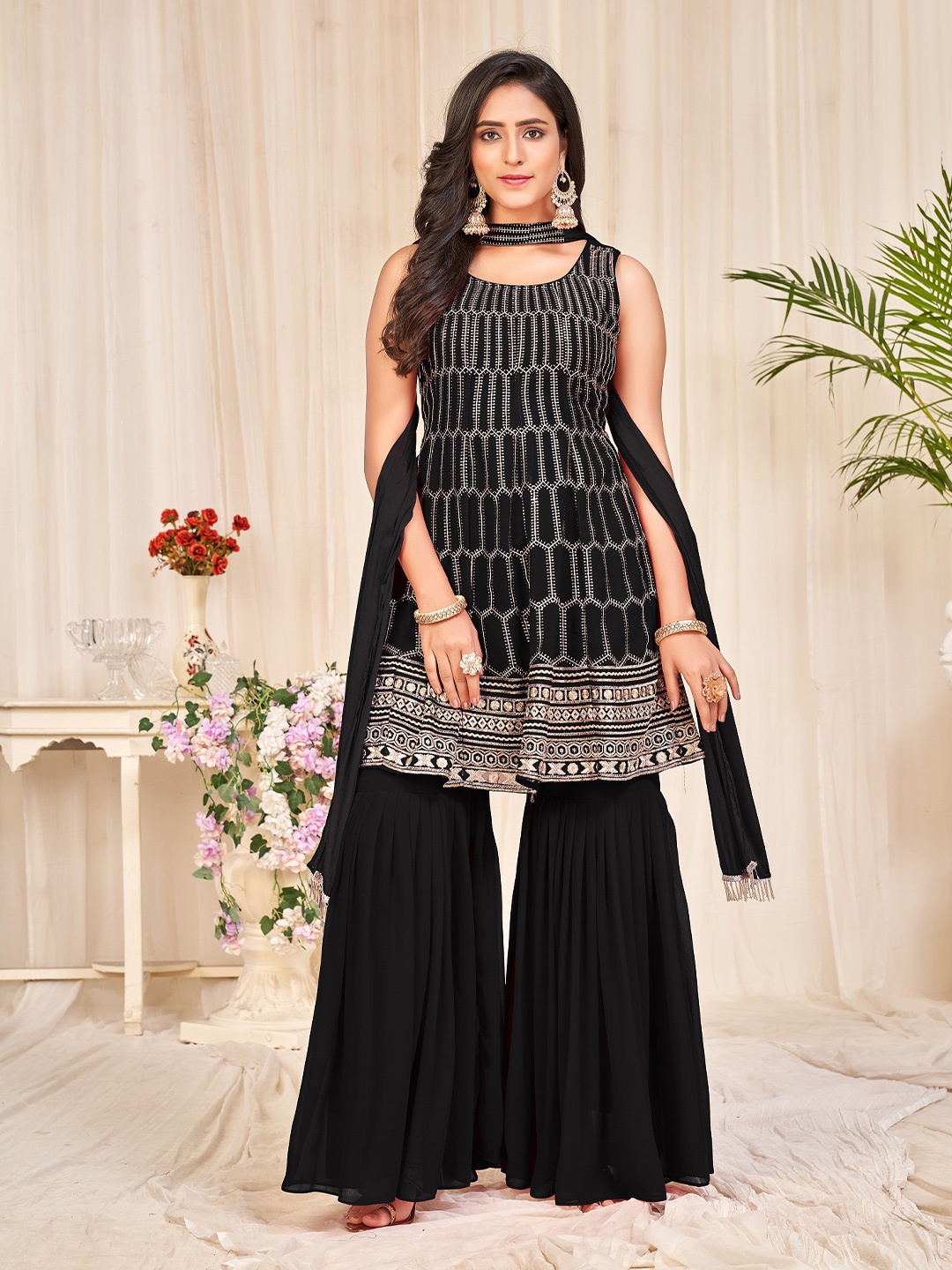 

Warthy Ent Embroidered Semi-Stitched Dress Material, Black