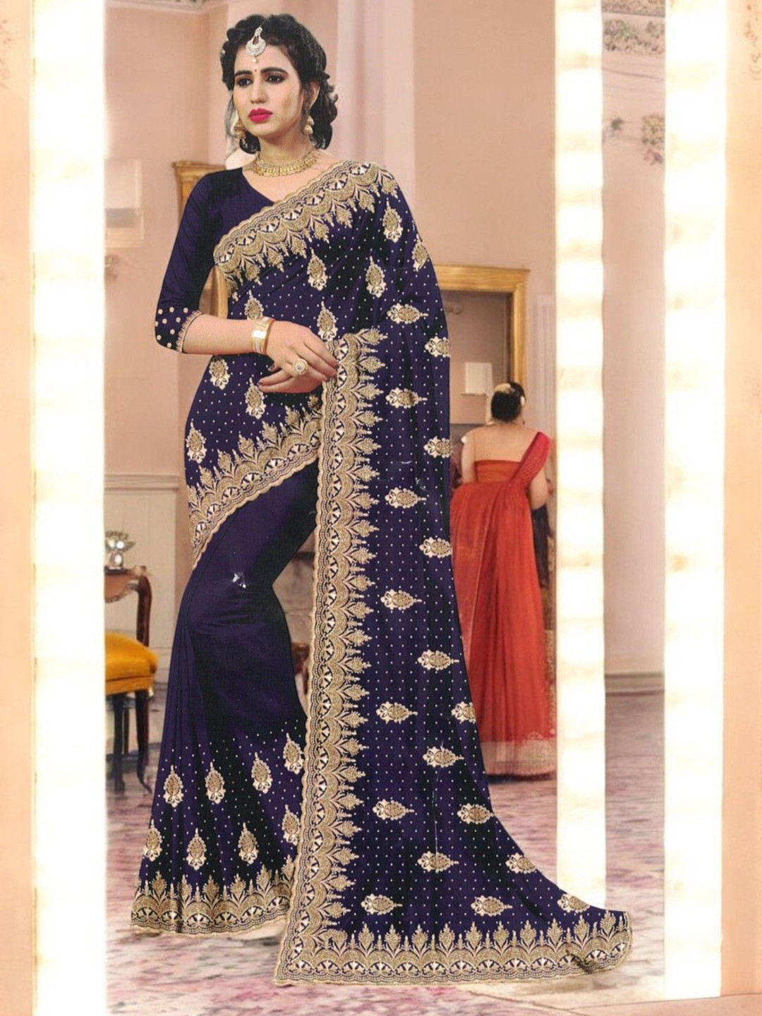 

SHOPPKEE Embellished Beads and Stones Poly Georgette Maheshwari Saree, Blue