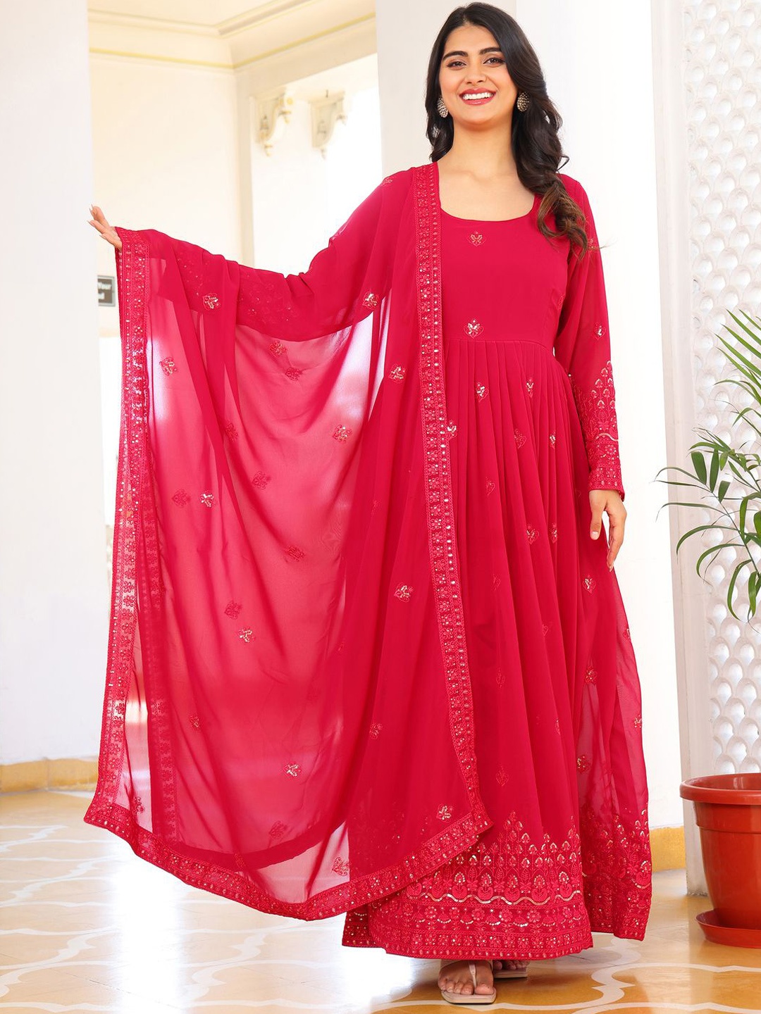 

KALINI Embroidered Georgette Kurta with Trousers & With Dupatta, Pink