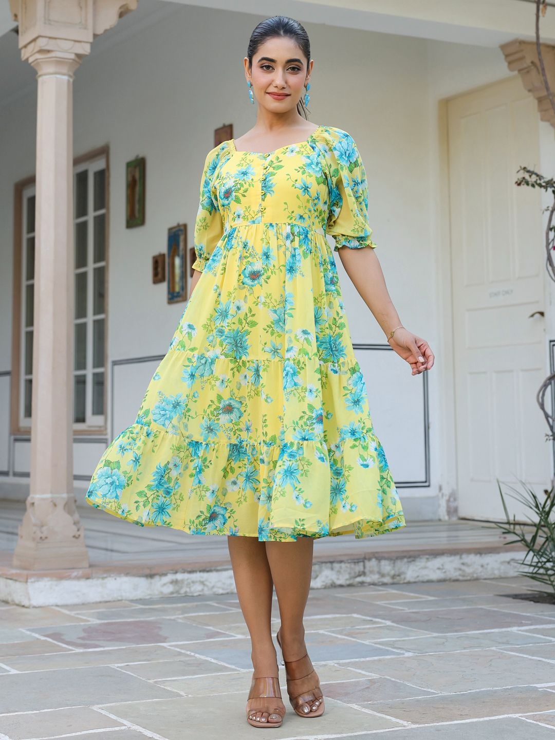 

Janasya Women Yellow Georgette Floral Printed Flared Dress
