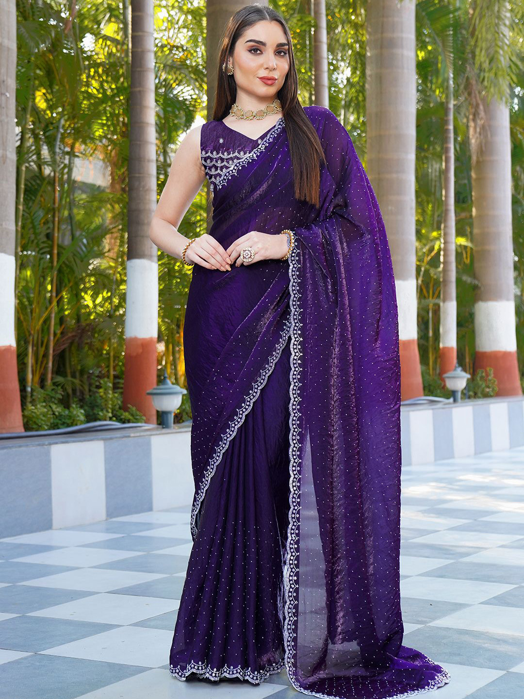 

A.V.M. SILK MILLS Embellished Beads and Stones Satin Heavy Work Saree, Purple