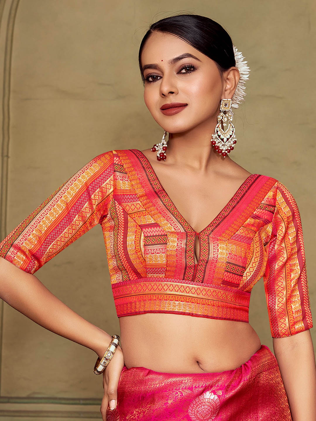 

DEVATITHI Women Orange Woven-Design Saree Blouse