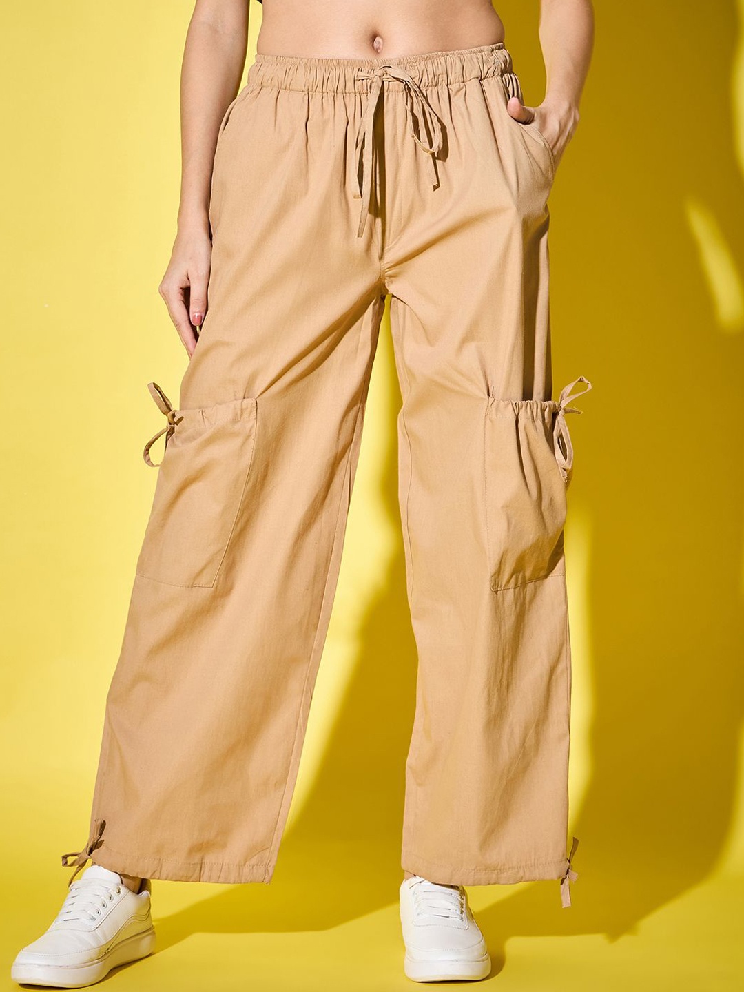 

DIMPY GARMENTS Women Relaxed High-Rise Cargos Trousers, Beige