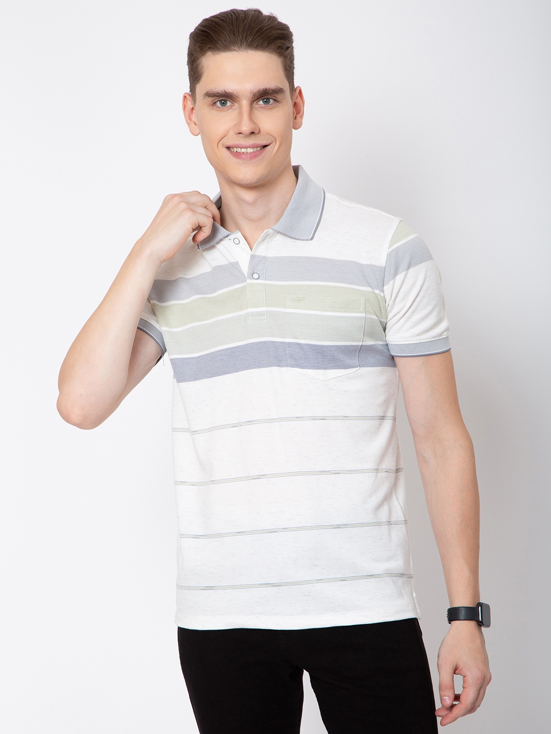 

Sparky Men Striped Polo Collar Pockets Slim Fit T-shirt, White