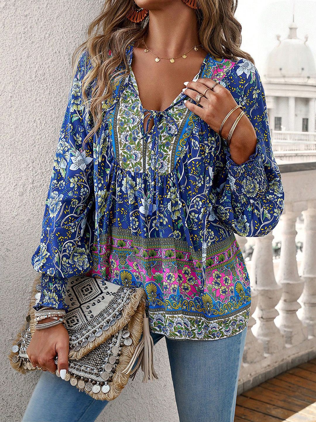 

JC Mode Print Tie-Up Neck Bell Sleeve Top, Navy blue