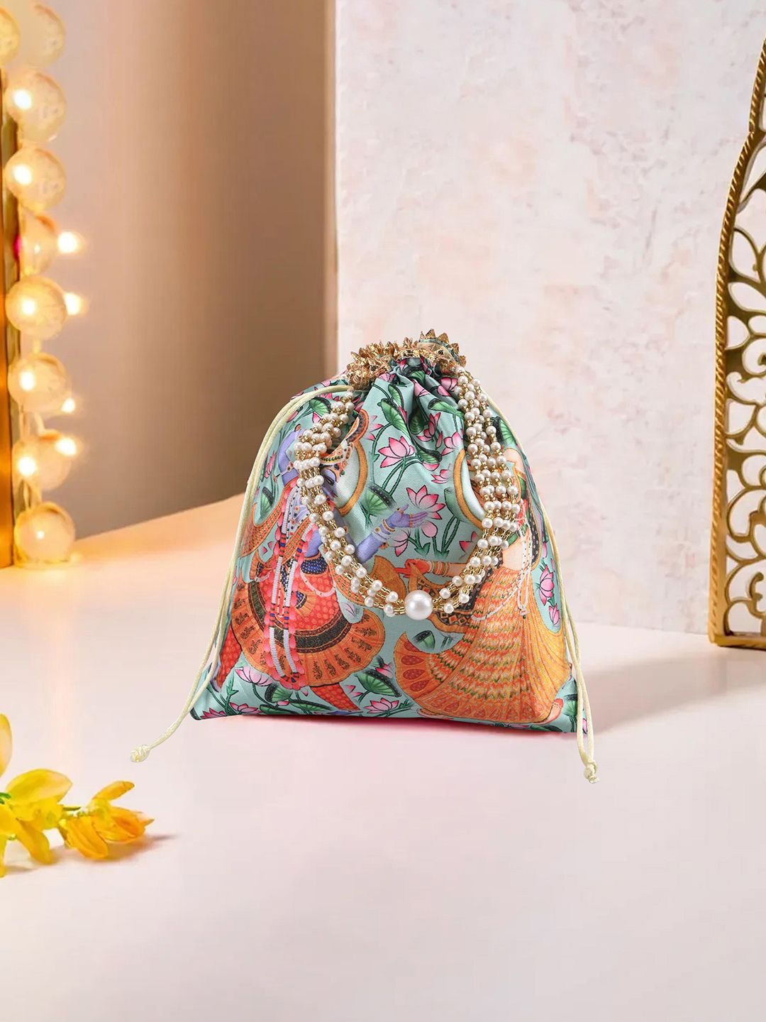 

Kuber Industries Unisex Printed Women & Girls With Pearl Handle Potli Clutch, Green