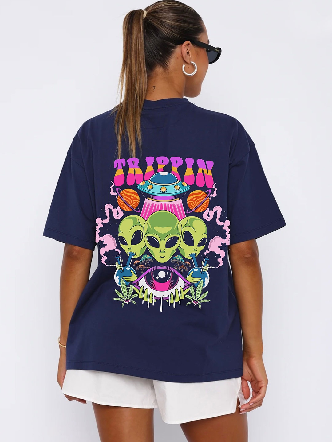 

RAYACLOSET Women Printed T-shirt, Navy blue