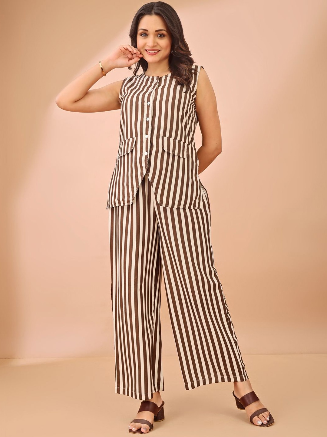 

all about you Striped Round Neck Waist-Coat With Trousers Co-ords, Brown