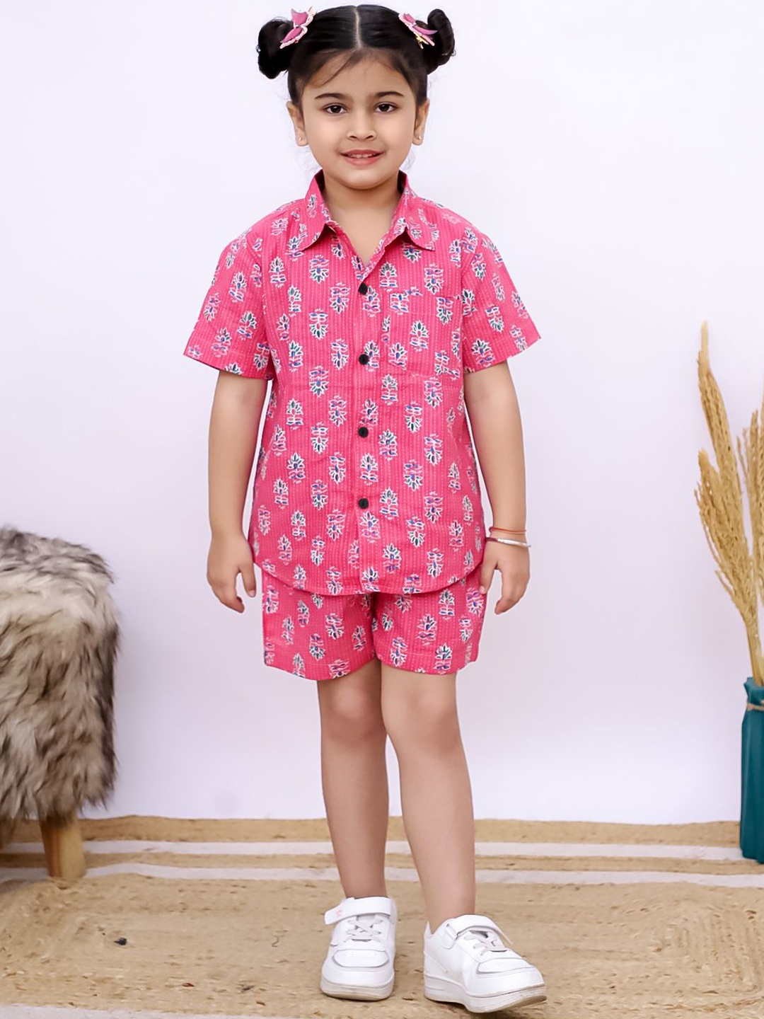 

UNBIND Girls Printed Cotton Shirt with Shorts Clothing Set, Pink