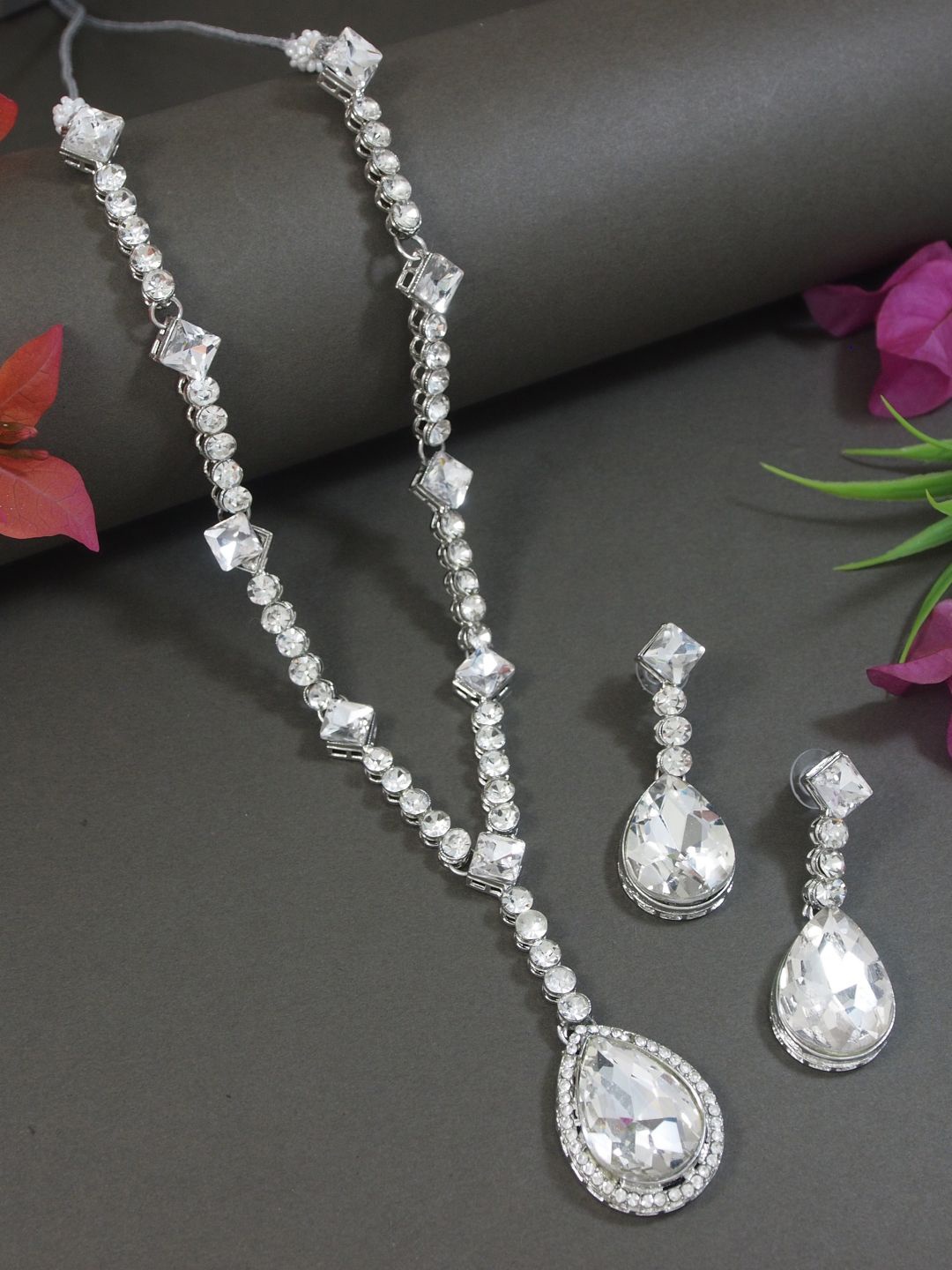 

I Jewels Silver-Plated Crystal Stone Studded Jewellery Set