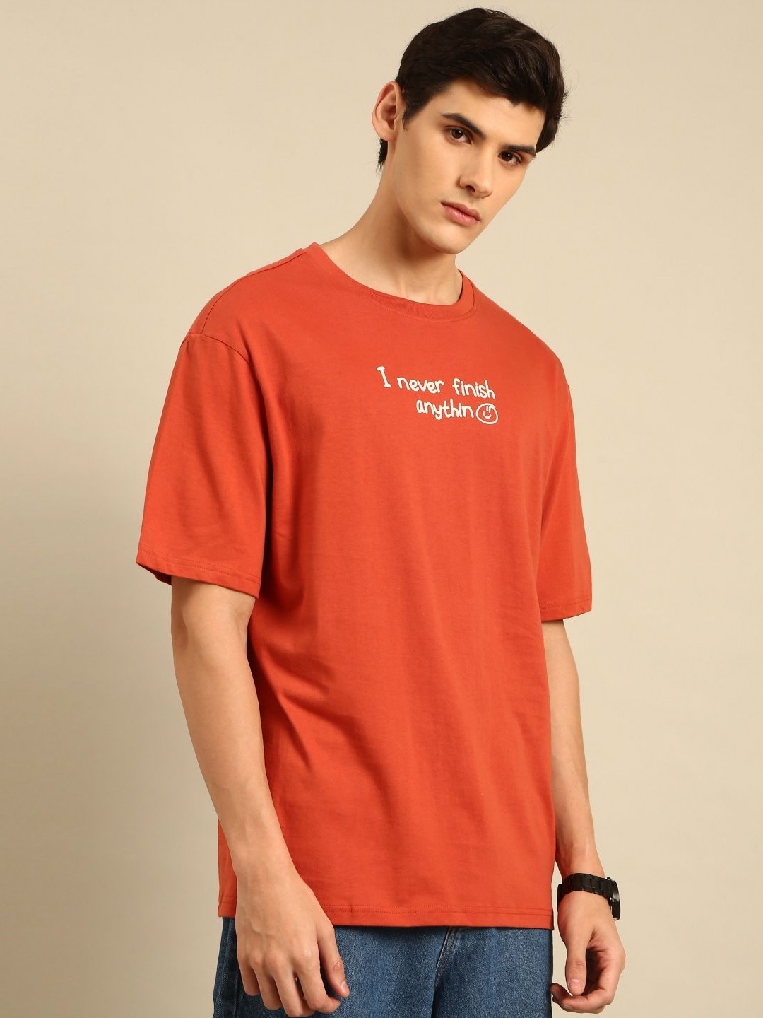 

Mast & Harbour Men Printed Drop-Shoulder Sleeves Bio Finish Pockets T-shirt, Rust