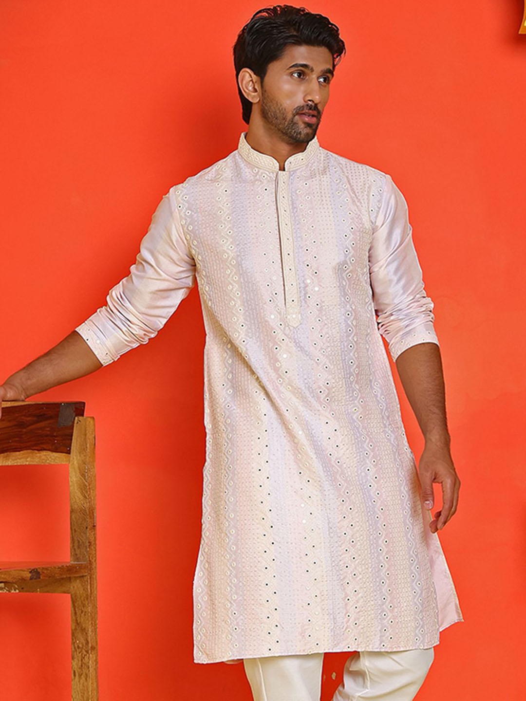 

Jompers Men Geometric Embroidered Mirror Work Kurta, Peach