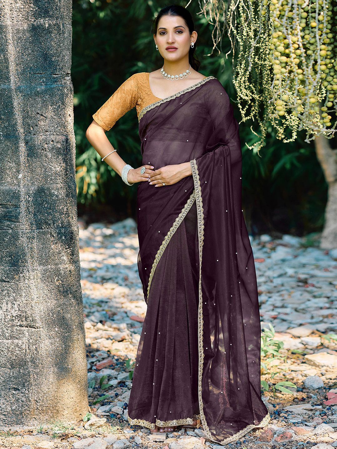 

KALINI Embellished Beads and Stones Supernet Saree, Purple