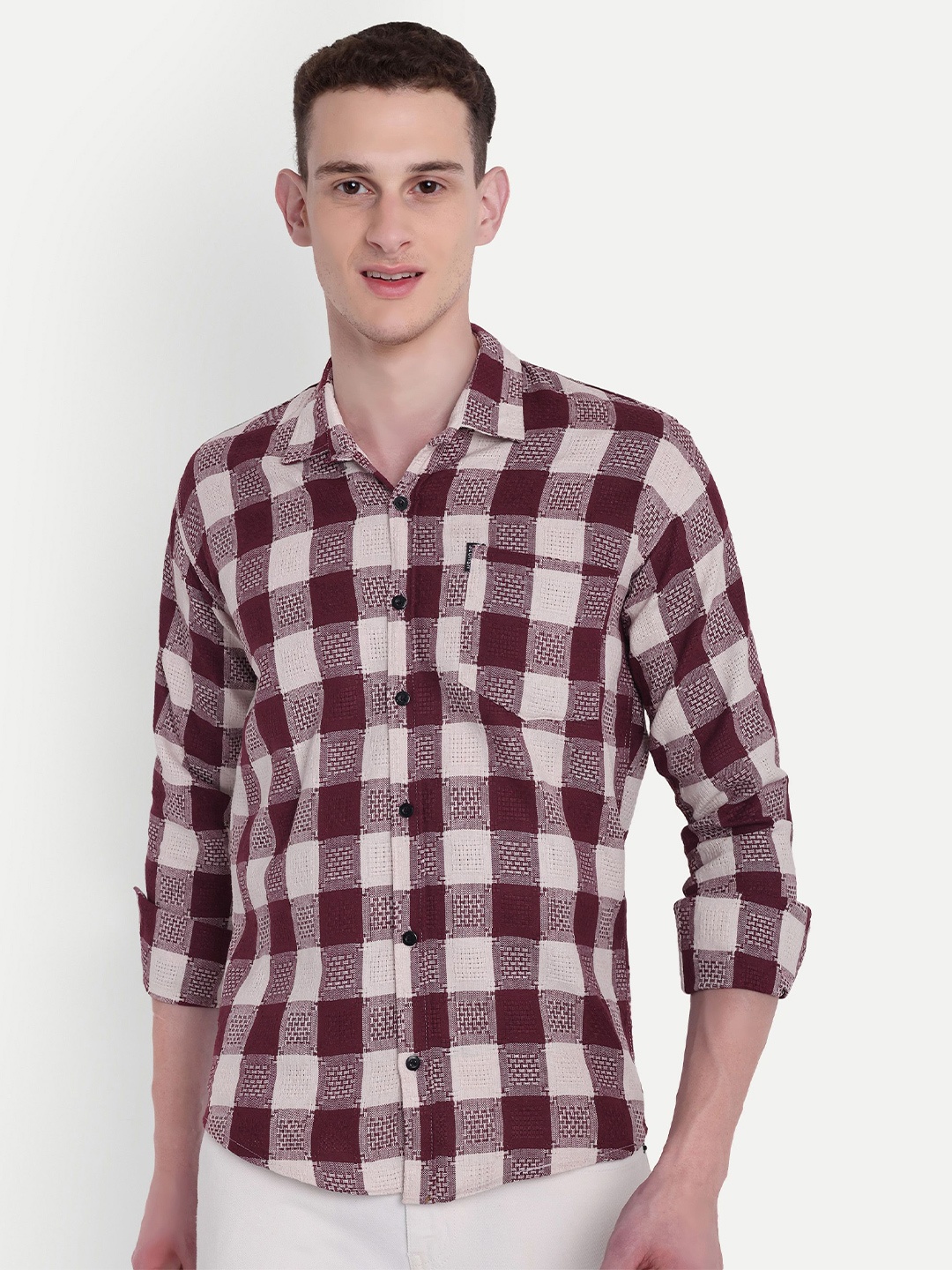 

Moda Rapido Men Classic Gingham Checks Opaque Checked Casual Shirt, Beige