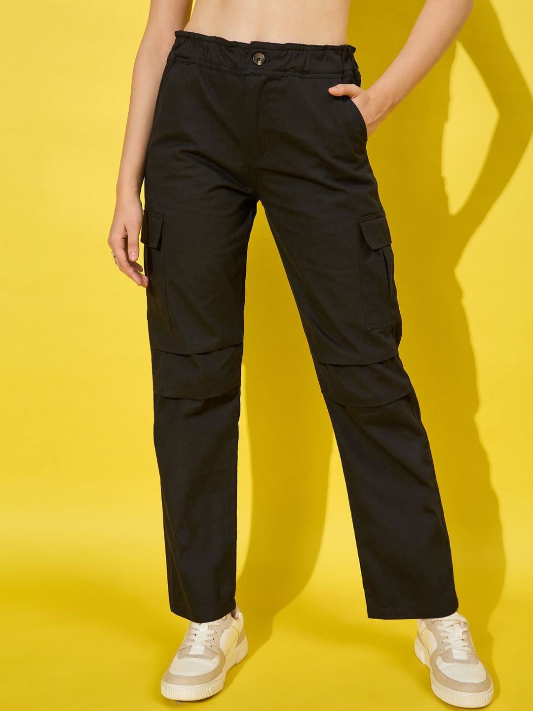 

DIMPY GARMENTS Women Relaxed High-Rise Cargos Trousers, Black