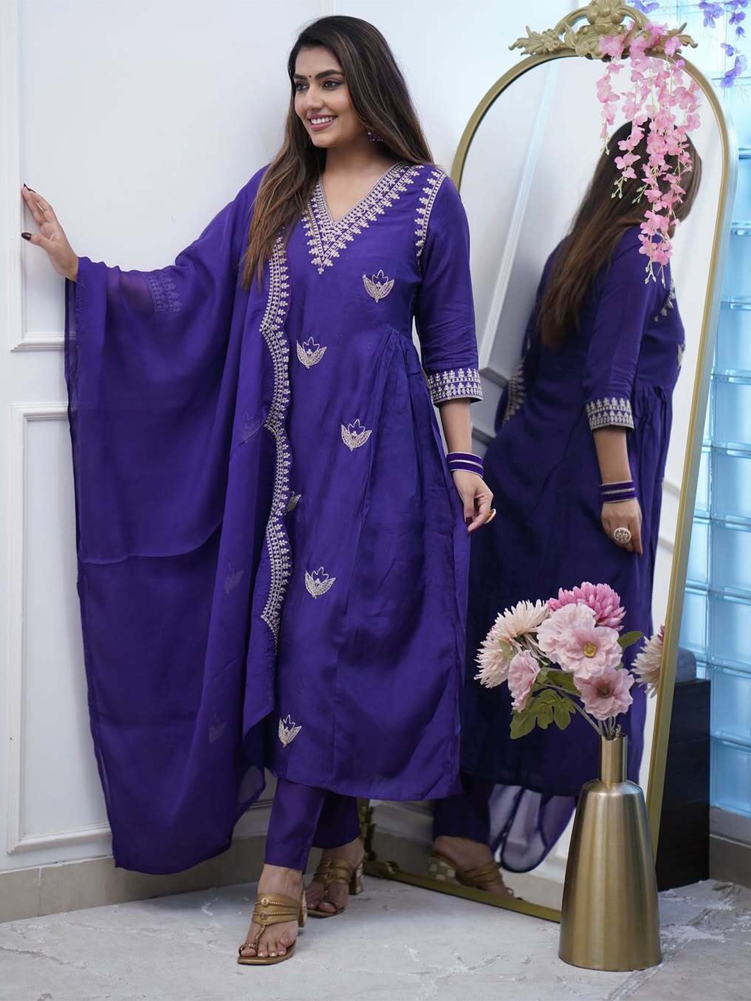 

KALINI Women Floral Embroidered Regular Kurta with Trousers & With Dupatta, Purple