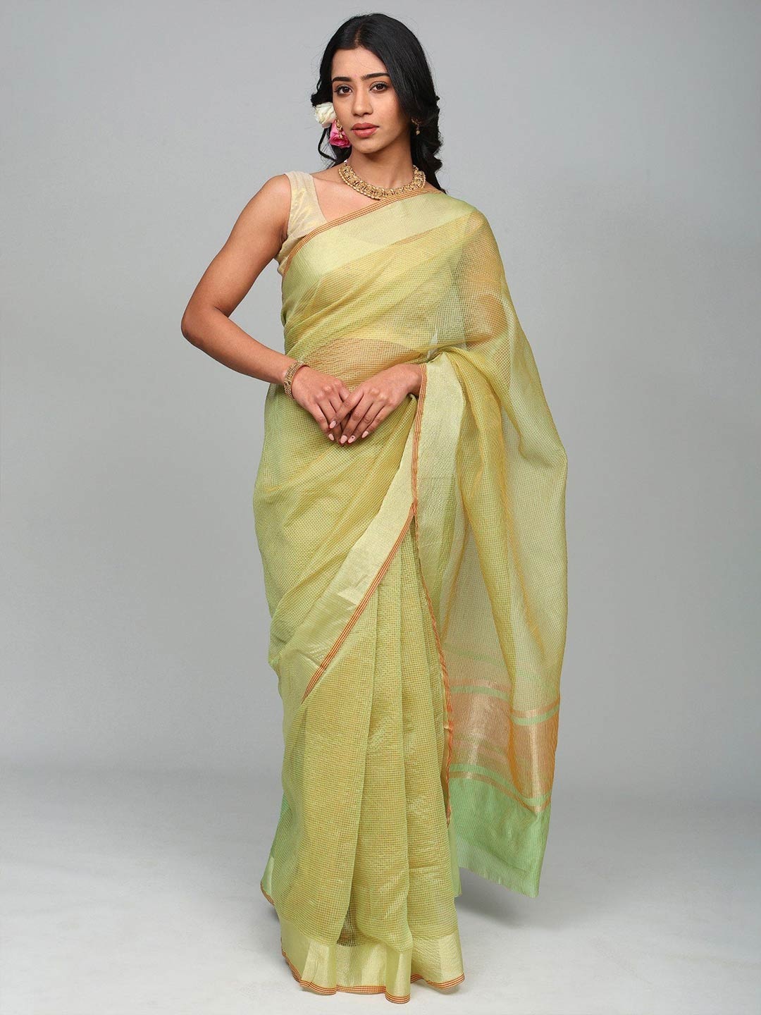 

Exotic India Striped Zari Art Silk Banarasi Saree, Green