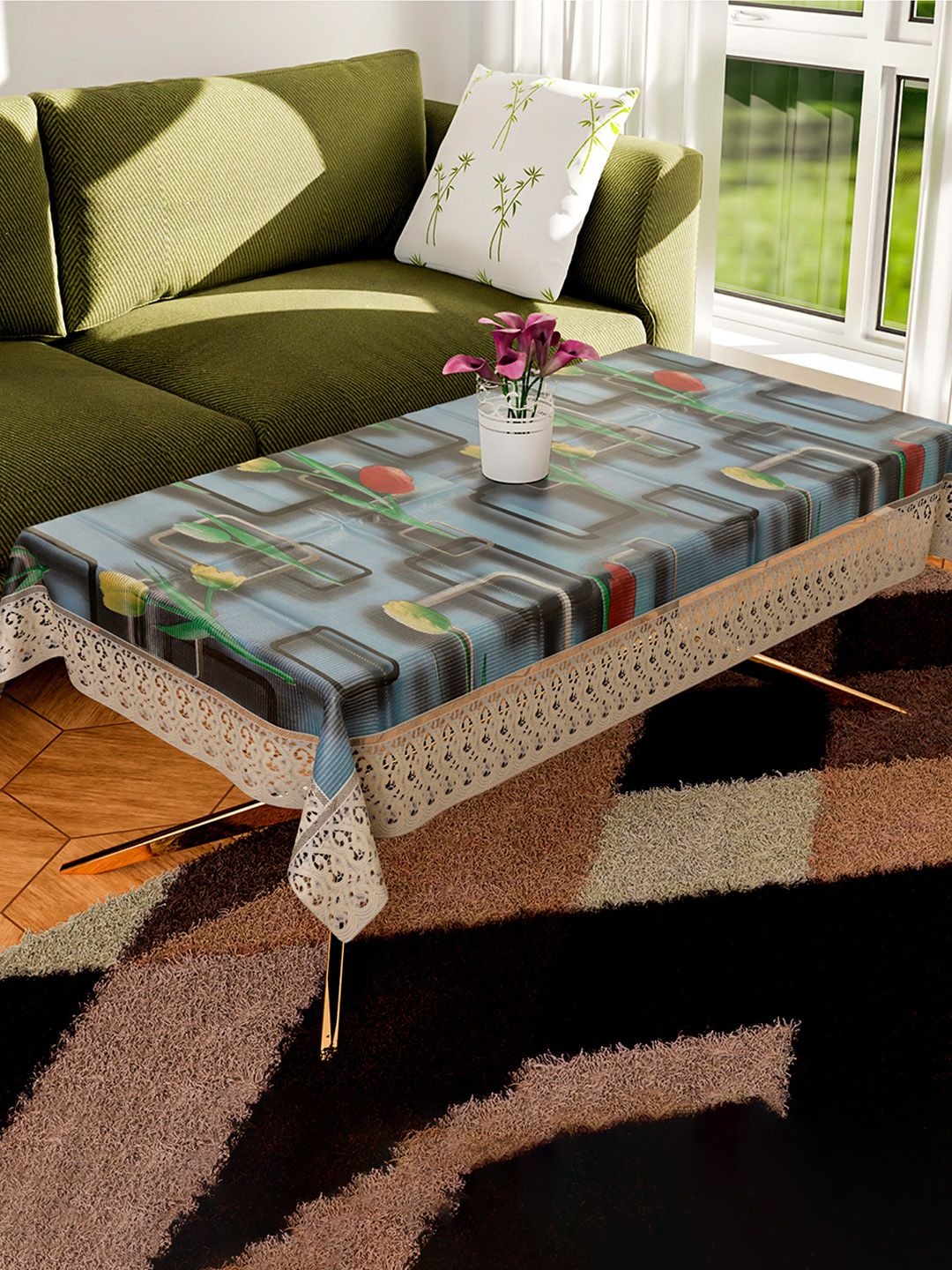 

Kuber Industries Blue Floral Plastic 4-Seater Table Cover