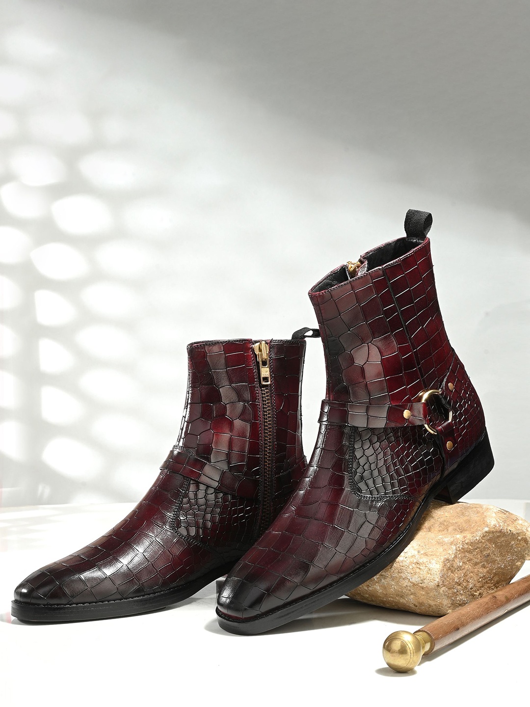 

MILLE DOLLARI Men Textured Leather Frontier Boots, Red