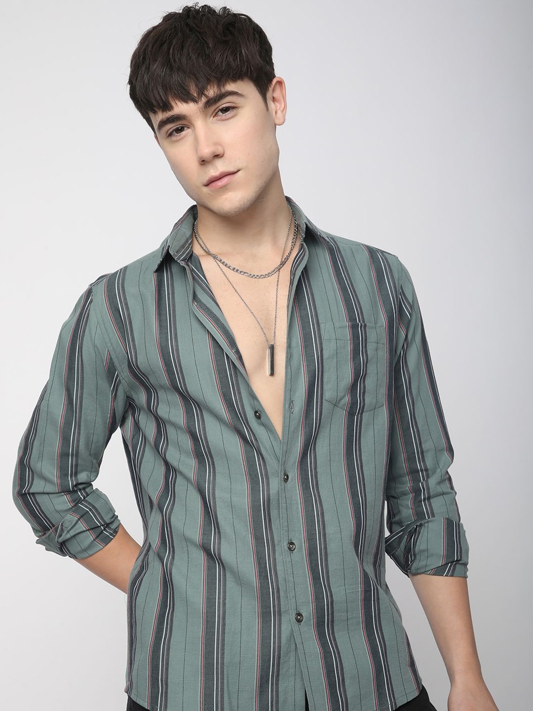 

VASTRADO Men Classic Slim Fit Multi Stripes Opaque Striped Casual Shirt, Green