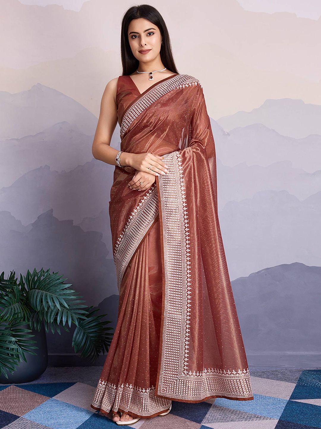 

Peachmode Embellished Beads and Stones Net Saree, Brown