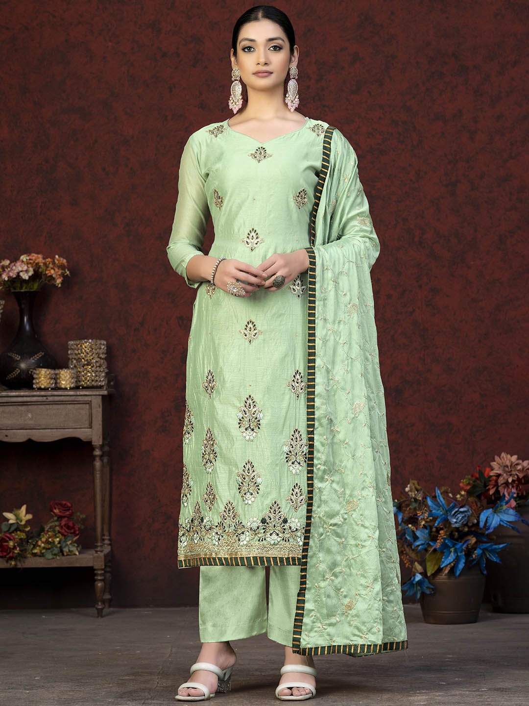 

SAINOOR Embroidered Semi-Stitched Dress Material, Green