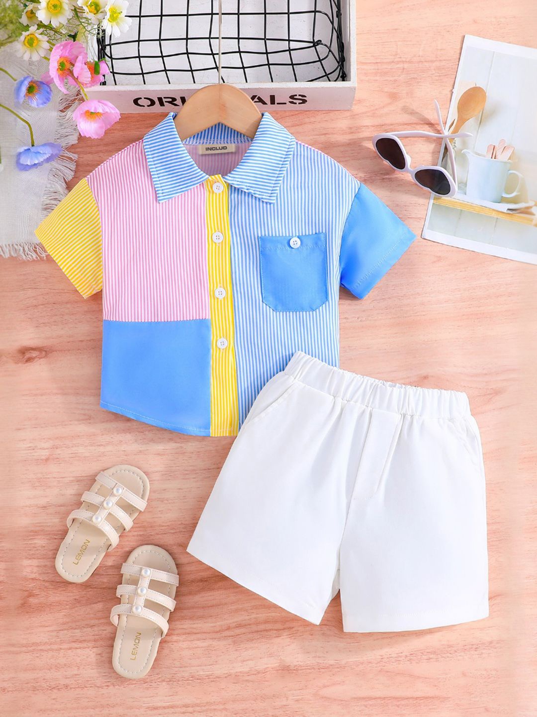 

INCLUD Girls Striped Shirt with Shorts, Blue