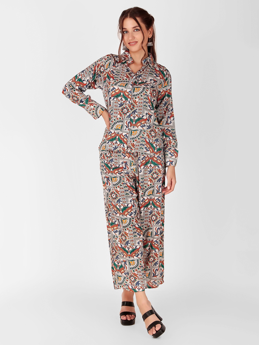 

KASHIAN Printed Long Sleeve Shirt & Trousers Co-Ords Set, White