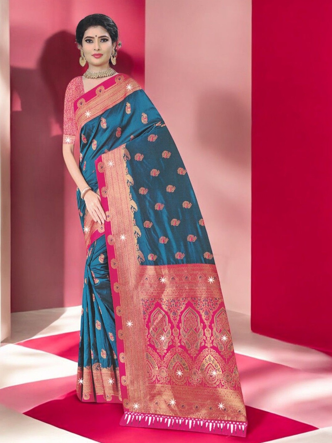 

SHOPPKEE Woven Design Zari Silk Blend Banarasi Saree, Blue