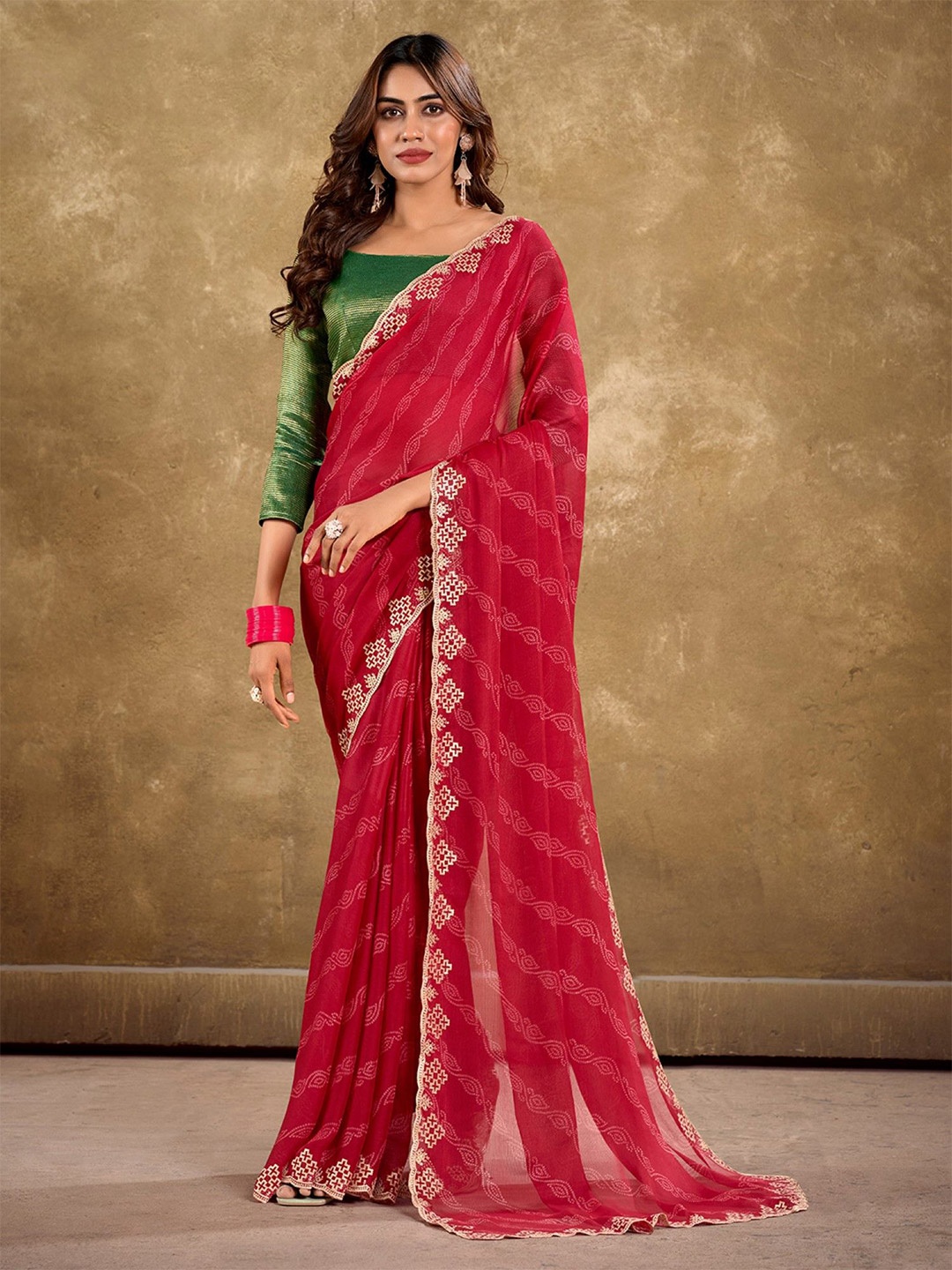 

LeeliPeeri Designer Bandhani Embroidered Poly Chiffon Saree, Red