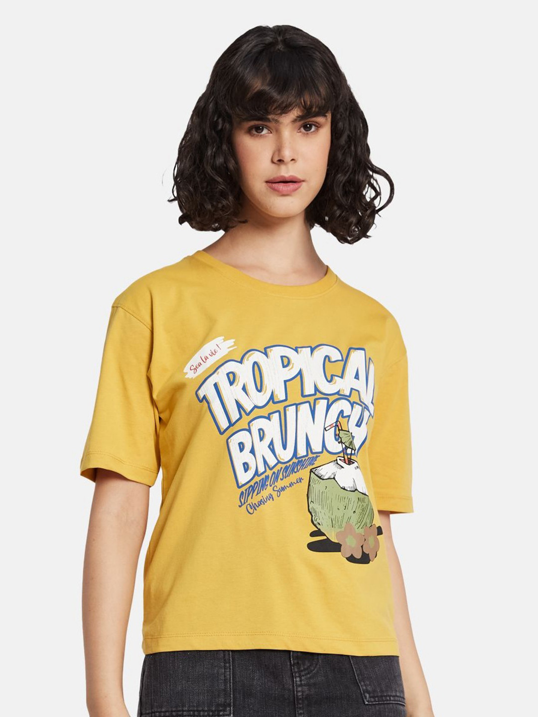 

METTLE Women Printed T-shirt, Yellow