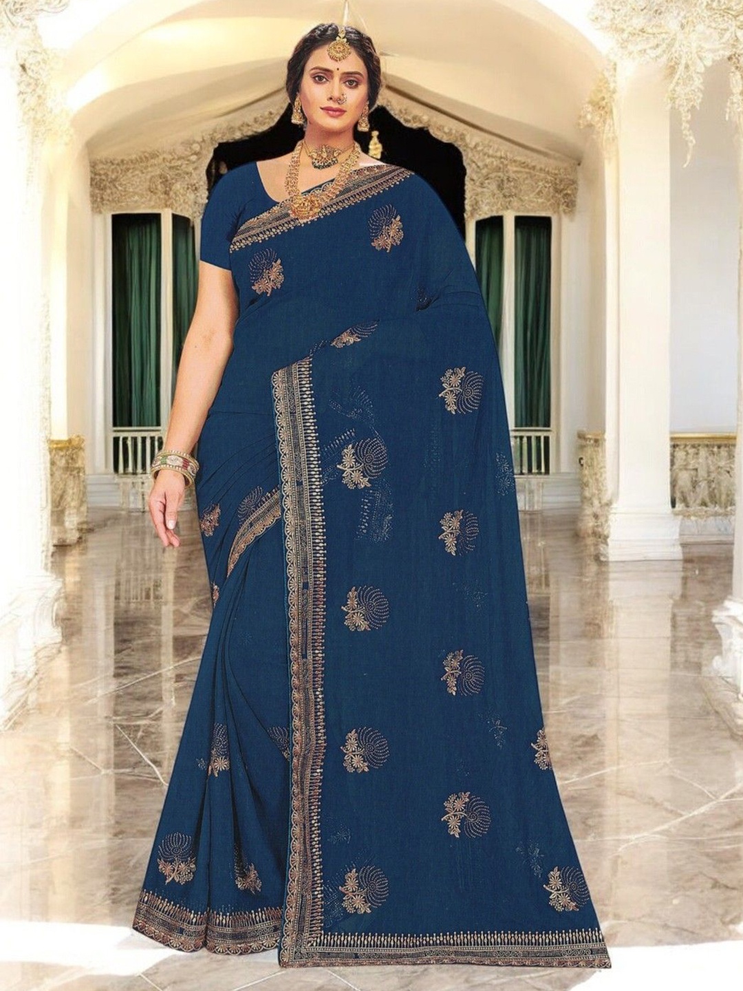 

SHOPPKEE Embellished Beads and Stones Poly Georgette Banarasi Saree, Blue