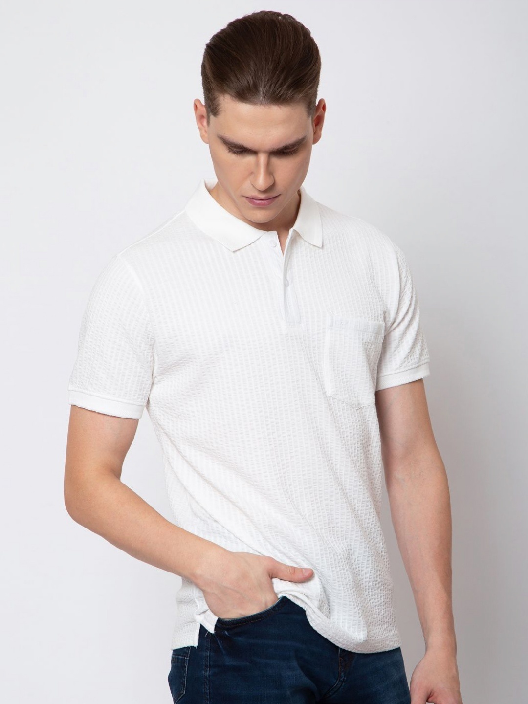 

Sparky Men Polo Collar Pockets Slim Fit T-shirt, White