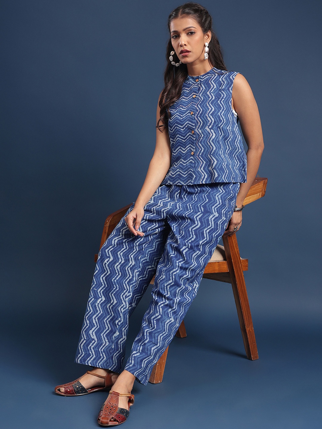 

Taavi Printed Pure Cotton Sleeveless Top & Trouser Co-Ords, Blue