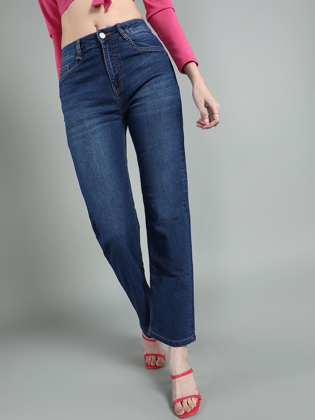 

Chemistry Women Straight Fit Low Distress Light Fade Stretchable Jeans, Blue