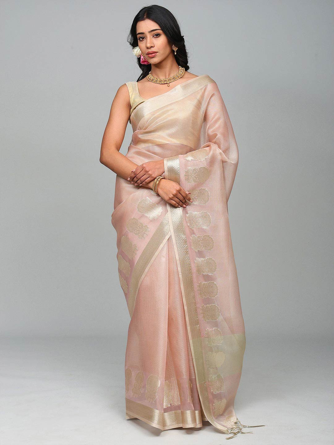 

Exotic India Striped Zari Art Silk Banarasi Saree, Pink