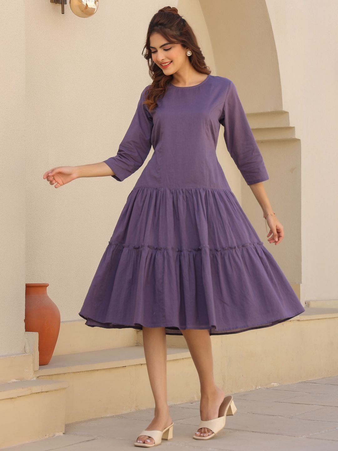

Janasya Women's Lavender Pure Cotton Tiered Dress