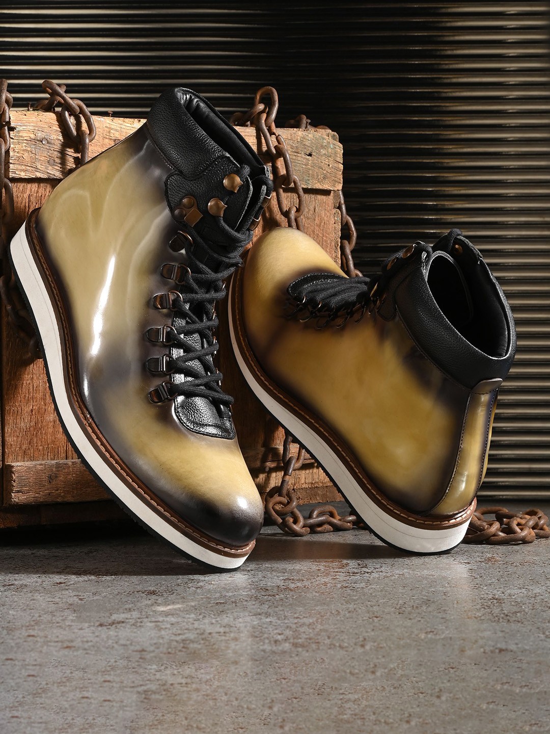 

MILLE DOLLARI Men Leather Lace-Up Comfort Boots, Green