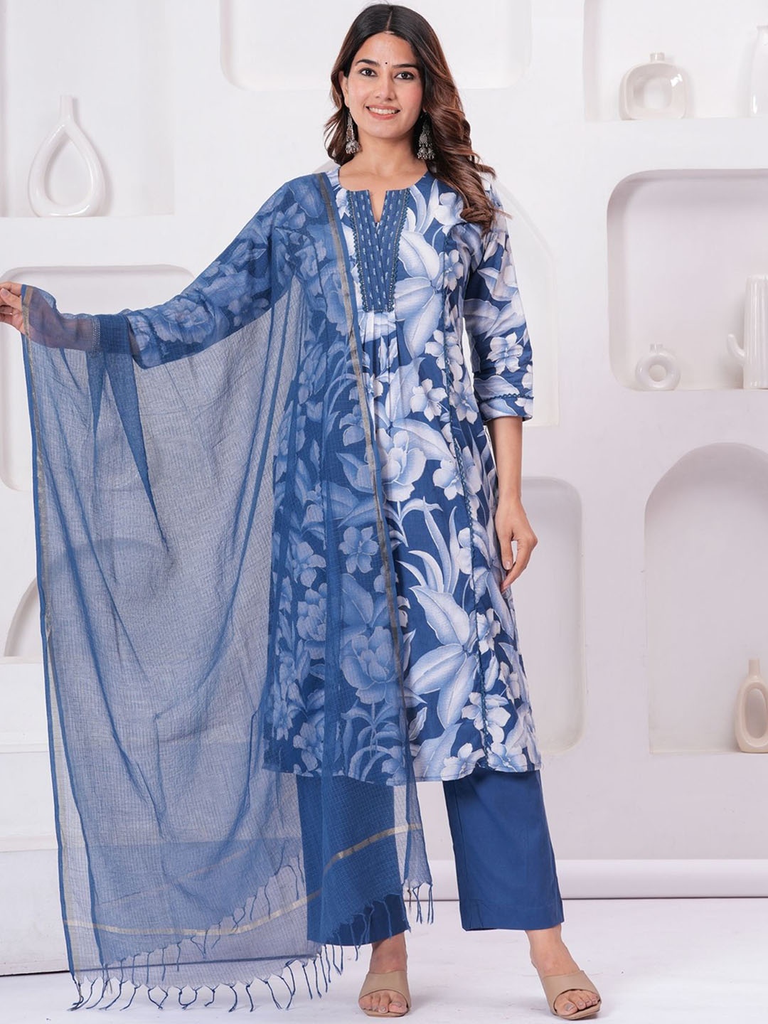 

Kanahari Women Floral Yoke Design Regular Beads and Stones Pure Cotton Kurta with Trousers & With Dupatta, Blue