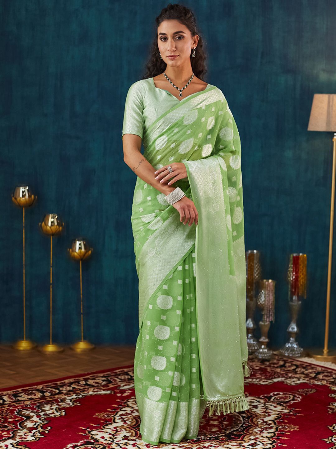 

Mitera Woven Design Zari Pure Georgette Banarasi Saree, Green