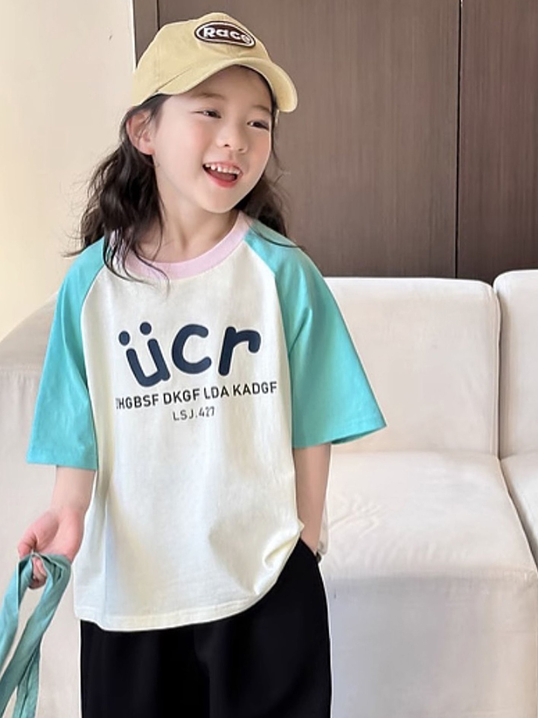 

LULU & SKY Girls Biker Colourblocked Henley Neck Drop-Shoulder Sleeves Applique T-shirt, Green